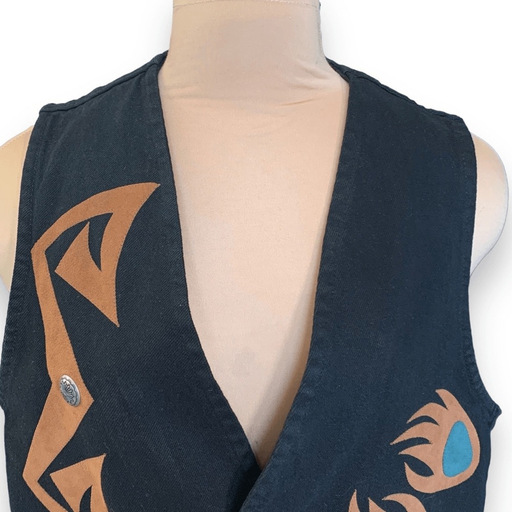 90s Black Denim Vest Sundance Bear Paw Boho Western Unisex Medium USA Made - Picture 4 of 12